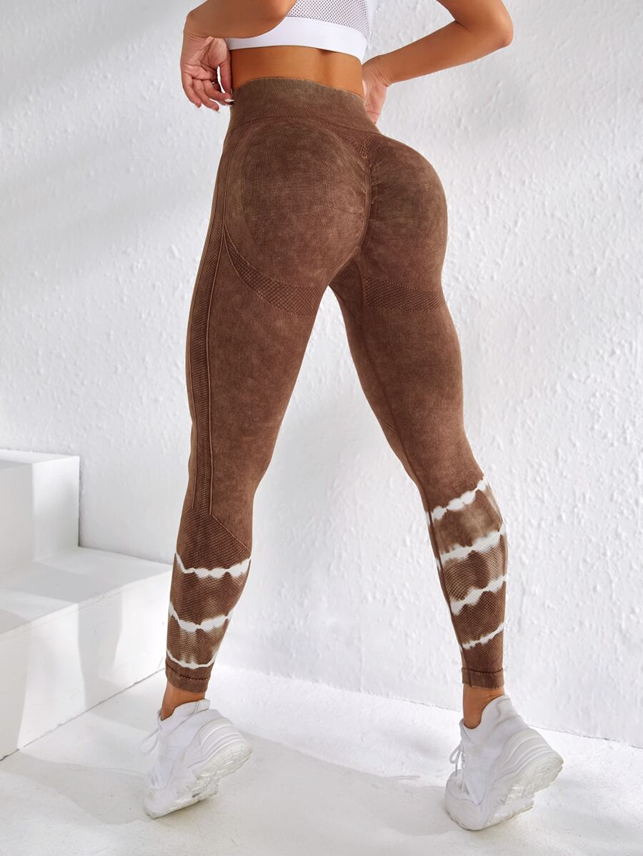 Yoga Trendy Denim mùa giặt Nhuộm buộc Xà cạp yoga Scrunch Butt Kiểm soát bụng Điền kinh Quần tất - màu nâu - Xem 1