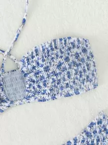 SHEIN X Sofía Suescun SHEIN Swim 夏季海灘小花卉印花露背束繩領比基尼套裝 - 彩色 - 查看 3