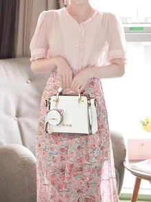 可爱字母细节手提包，简约双手柄钱包，拉链单肩包，可调节肩带，母亲节礼物，适合妈妈复古，休闲纯色便携，大容量，适合女性、新秀和白领工作者，适合女性礼品包，适合办公室、工作、商务、通勤 - 白色 - 查看 2