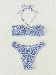 SHEIN X Sofía Suescun SHEIN Swim 夏季海灘小花卉印花露背束繩領比基尼套裝 - 彩色 - 查看 4