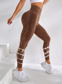 Yoga Trendy Denim mùa giặt Nhuộm buộc Xà cạp yoga Scrunch Butt Kiểm soát bụng Điền kinh Quần tất - màu nâu - Xem 2