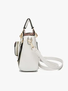 可爱字母细节手提包，简约双手柄钱包，拉链单肩包，可调节肩带，母亲节礼物，适合妈妈复古，休闲纯色便携，大容量，适合女性、新秀和白领工作者，适合女性礼品包，适合办公室、工作、商务、通勤 - 白色 - 查看 3