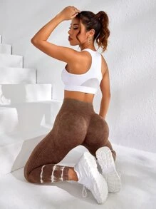 Yoga Trendy Denim mùa giặt Nhuộm buộc Xà cạp yoga Scrunch Butt Kiểm soát bụng Điền kinh Quần tất - màu nâu - Xem 5