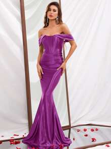 Off Shoulder Mermaid Hem Formal Dress - Purple - View 1