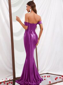 Off Shoulder Mermaid Hem Formal Dress - Purple - View 2