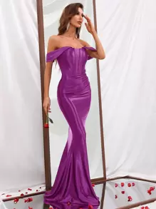 Off Shoulder Mermaid Hem Formal Dress - Purple - View 3