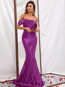 Off Shoulder Mermaid Hem Formal Dress - Purple - View 4