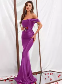 Off Shoulder Mermaid Hem Formal Dress - Purple - View 5