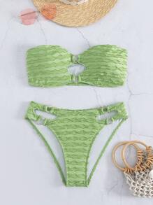 Ring Linked Bandeau Summer Beach Bikini Set - Lime Green - View 5