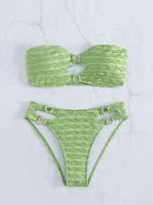 Ring Linked Bandeau Summer Beach Bikini Set - Lime Green - View 3