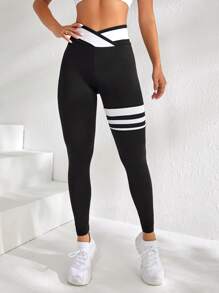 SHEIN Cheerettes In sọc Yoga Quần tất Liền mạch Crossover Eo Điền kinh Xà cạp - màu đen - Xem 4