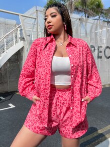 SHEIN EZwear Plus Heart Print Shirt & Shorts - Hot Pink - View 5