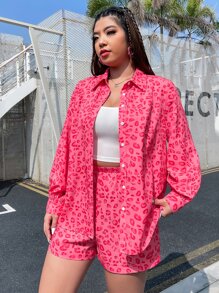 SHEIN EZwear Plus Heart Print Shirt & Shorts - Hot Pink - View 7