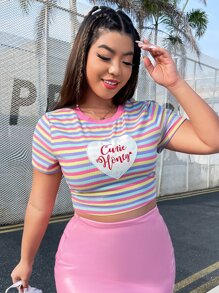 SHEIN EZwear Camiseta crop con estampado de rayas y letra - Multicolor - Ver 4