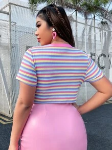 SHEIN EZwear Camiseta crop con estampado de rayas y letra - Multicolor - Ver 2