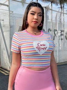 SHEIN EZwear Camiseta crop con estampado de rayas y letra - Multicolor - Ver 3