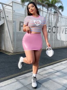 SHEIN EZwear Camiseta crop con estampado de rayas y letra - Multicolor - Ver 5