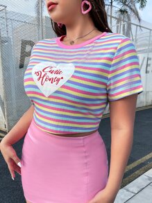 SHEIN EZwear Camiseta crop con estampado de rayas y letra - Multicolor - Ver 6