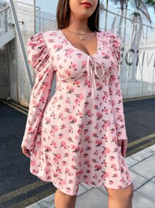 SHEIN VCAY Plus Floral Print Gigot Sleeve Knot Front Dress