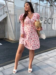 SHEIN VCAY Plus Floral Print Gigot Sleeve Knot Front Dress