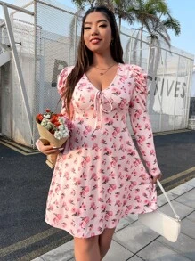 SHEIN VCAY Plus Floral Print Gigot Sleeve Knot Front Dress