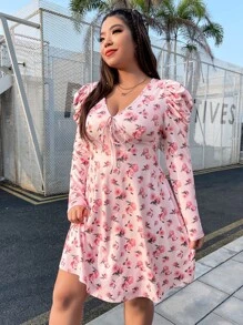 SHEIN VCAY Plus Floral Print Gigot Sleeve Knot Front Dress