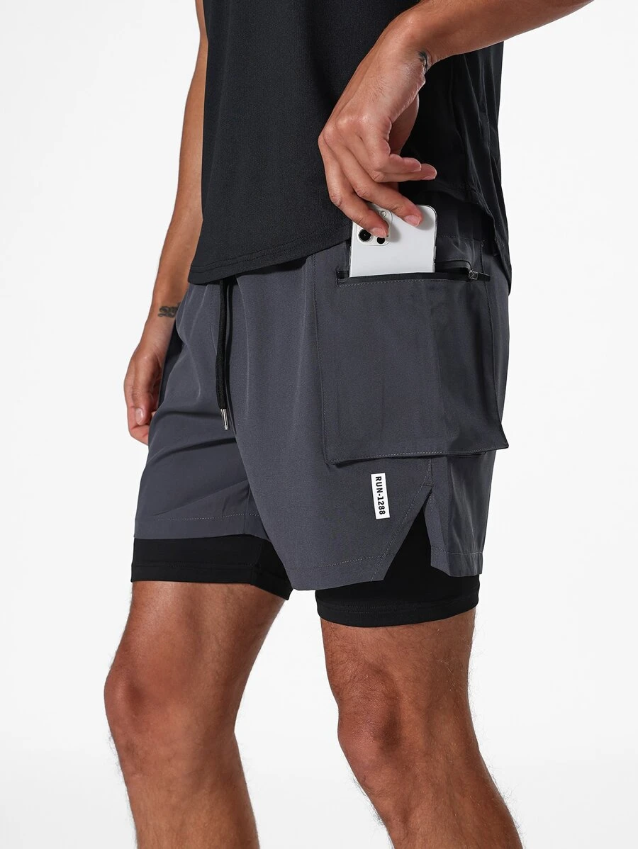 Men Phone Pocket Drawstring Waist 2 In 1 Sports Shorts With Towel Loop - Dark Grey - View 1