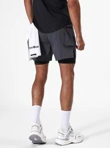 Men Phone Pocket Drawstring Waist 2 In 1 Sports Shorts With Towel Loop - Dark Grey - View 2