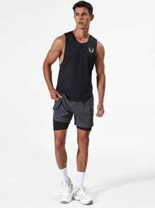 Men Phone Pocket Drawstring Waist 2 In 1 Sports Shorts With Towel Loop - Dark Grey - View 3