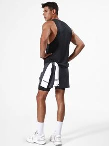 Men Phone Pocket Drawstring Waist 2 In 1 Sports Shorts With Towel Loop - Dark Grey - View 4