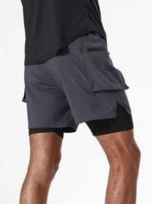 Men Phone Pocket Drawstring Waist 2 In 1 Sports Shorts With Towel Loop - Dark Grey - View 6