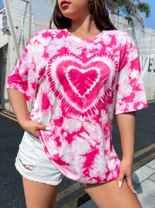 SHEIN EZwear 大碼愛心圖案紮染落肩T恤 - 彩色 - 查看 1