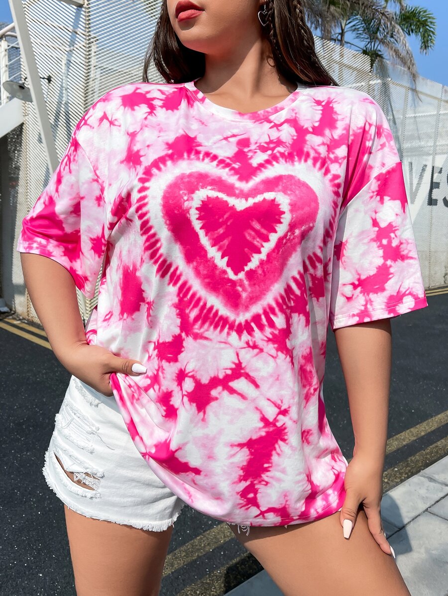 SHEIN EZwear 大碼愛心圖案紮染落肩T恤 - 彩色 - 查看 1