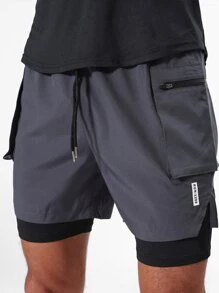 Men Phone Pocket Drawstring Waist 2 In 1 Sports Shorts With Towel Loop - Dark Grey - View 8