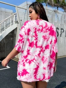 SHEIN EZwear 大碼愛心圖案紮染落肩T恤 - 彩色 - 查看 2