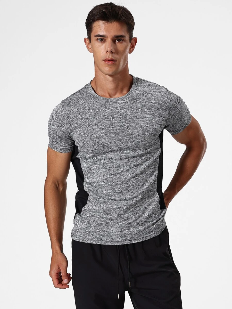 Men Contrast Panel Space Dye Sports Tee - Grey - View 1