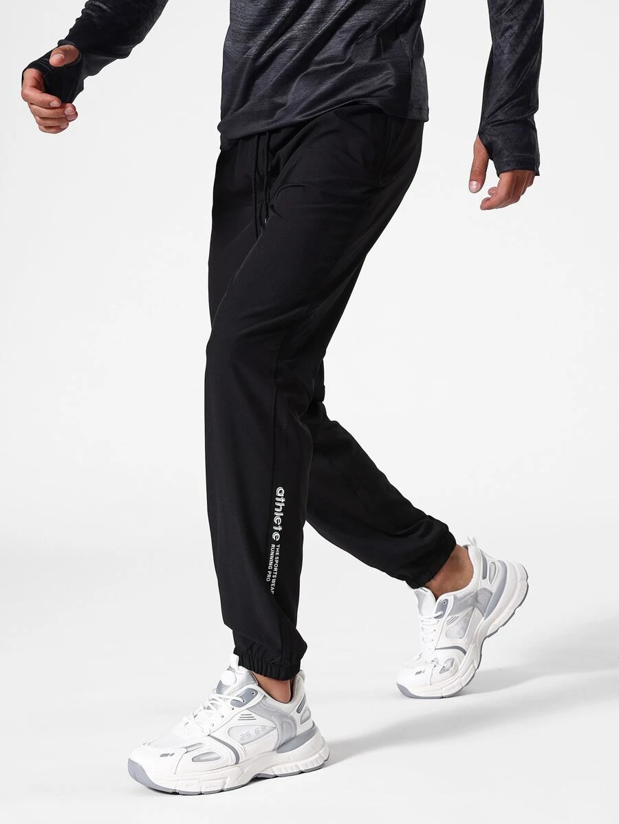 Men Letter Graphic Drawstring Waist Sports Trousers - Black - View 1