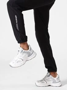 Men Letter Graphic Drawstring Waist Sports Trousers - Black - View 3