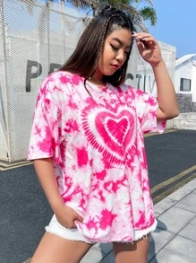 SHEIN EZwear 大碼愛心圖案紮染落肩T恤 - 彩色 - 查看 5