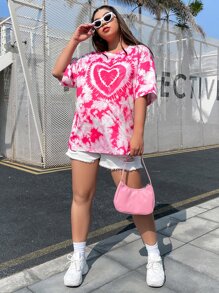 SHEIN EZwear 大碼愛心圖案紮染落肩T恤 - 彩色 - 查看 6