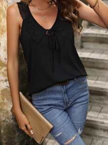 SHEIN LUNE Guipure Lace Panel Tie Front Tank Top - Black - View 2