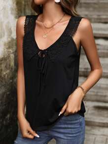 SHEIN LUNE Guipure Lace Panel Tie Front Tank Top - Black - View 1