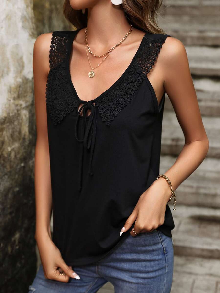 SHEIN LUNE Guipure Lace Panel Tie Front Tank Top - Black - View 1