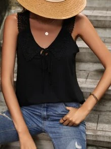 SHEIN LUNE Guipure Lace Panel Tie Front Tank Top - Black - View 6