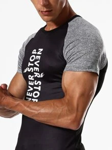 Hombres Camiseta deportiva con estampado de letra de manga raglán - Negro - Ver 3