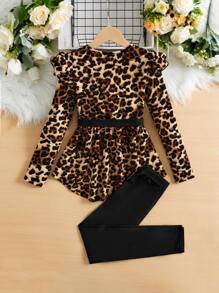 SHEIN Leap Crew 少女豹紋荷葉邊腰帶t恤和打底褲