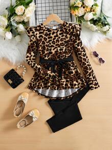 SHEIN Leap Crew 少女豹紋荷葉邊腰帶t恤和打底褲