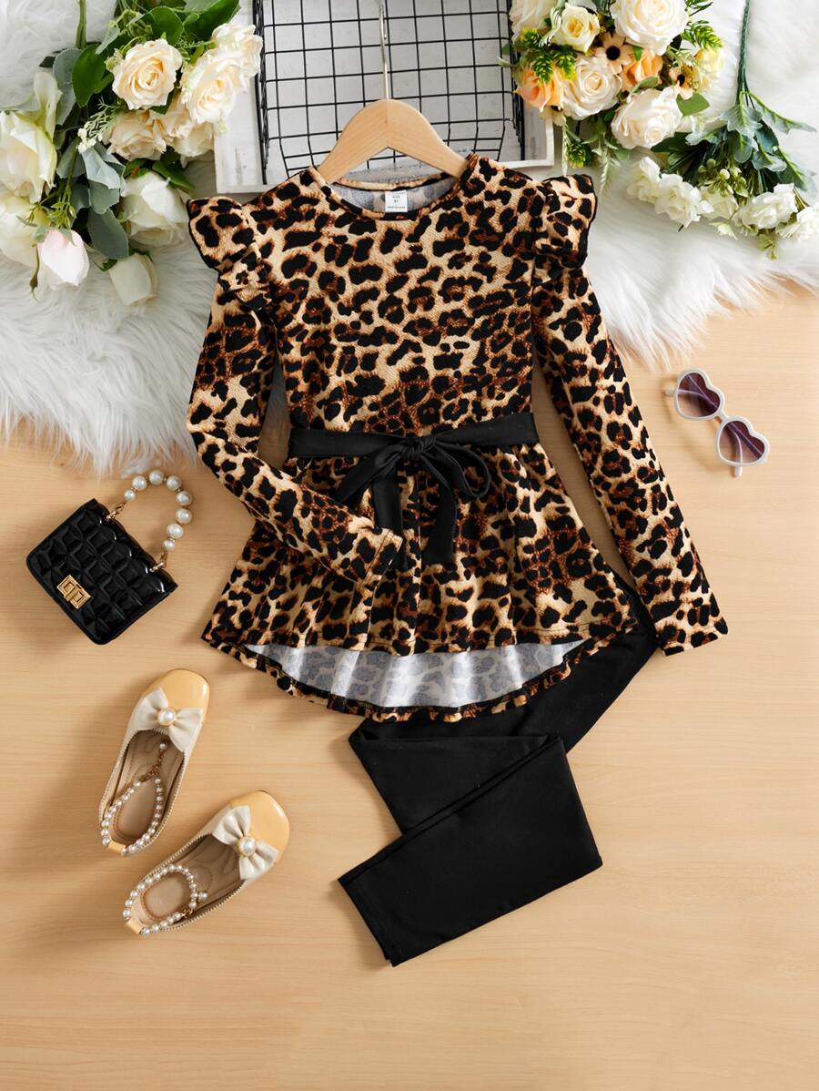 SHEIN Leap Crew 少女豹紋荷葉邊腰帶t恤和打底褲