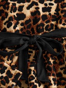 SHEIN Leap Crew 少女豹紋荷葉邊腰帶t恤和打底褲