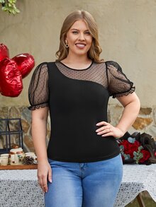 SHEIN Clasi Camiseta con malla jacquard en contraste de manga farol - Negro - Ver 3